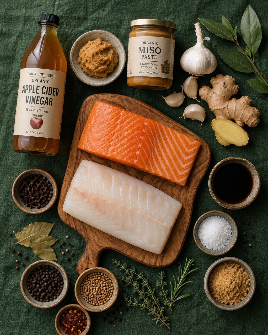 Flat-lay of wild-caught fish jerky ingredients on green linen